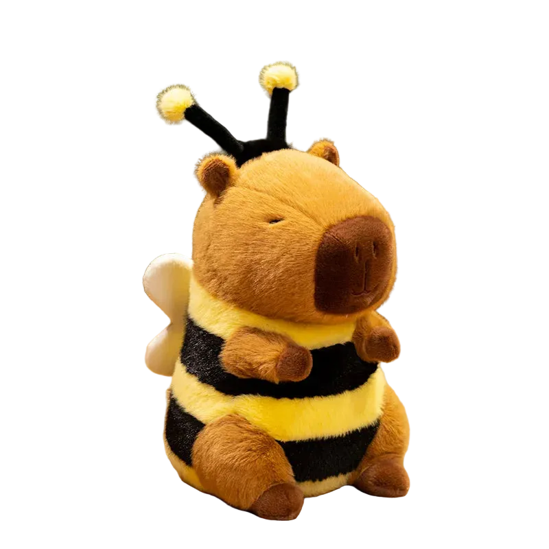 Side profile of handmade bee capybara plushie in 33cm showing rounded bee wings, soft cotton texture, and plump PP cotton filled body