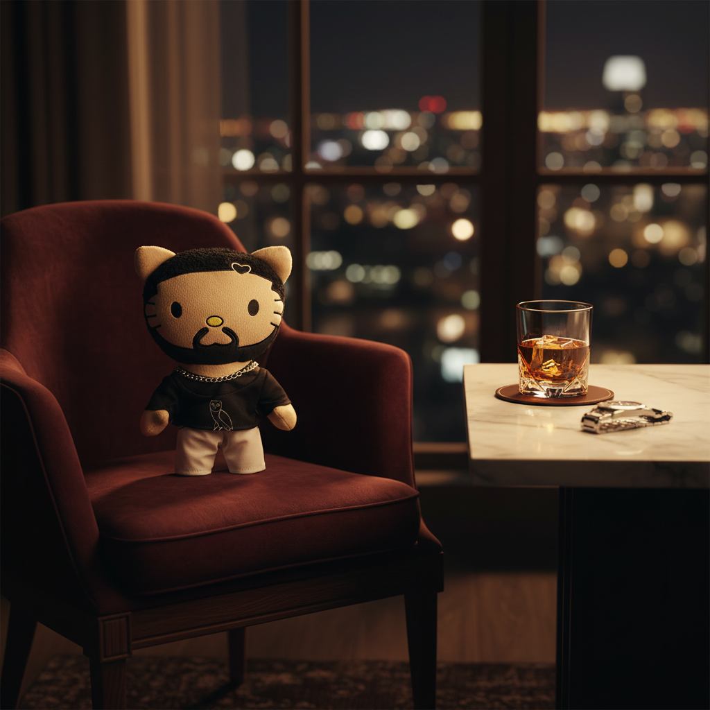 Side profile of the Drake hello kitty plush 24cm height.