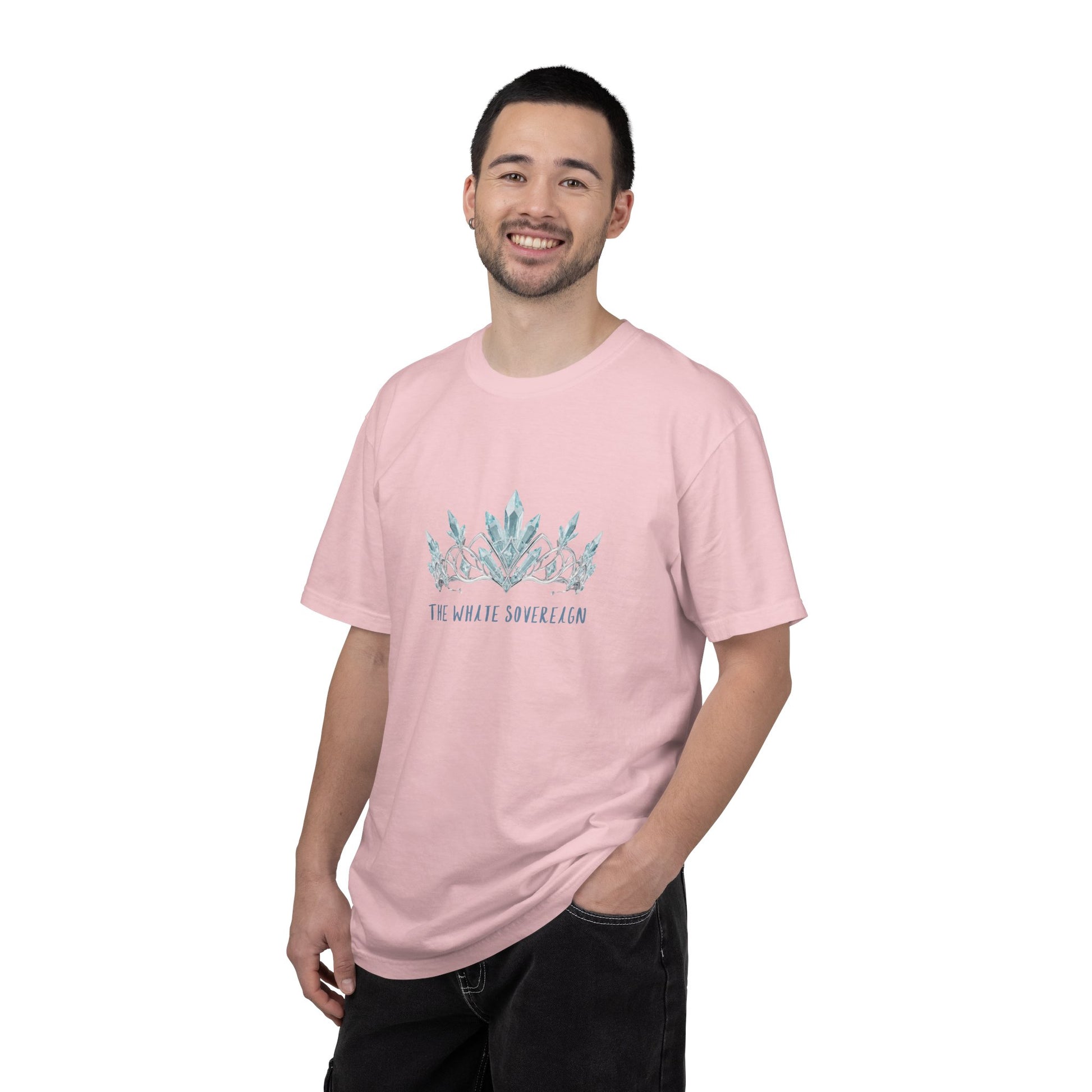 Side profile of the white graphic tee showing the relaxed fit.