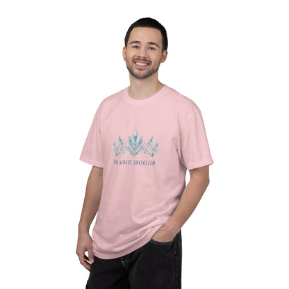 Side profile of the white graphic tee showing the relaxed fit.
