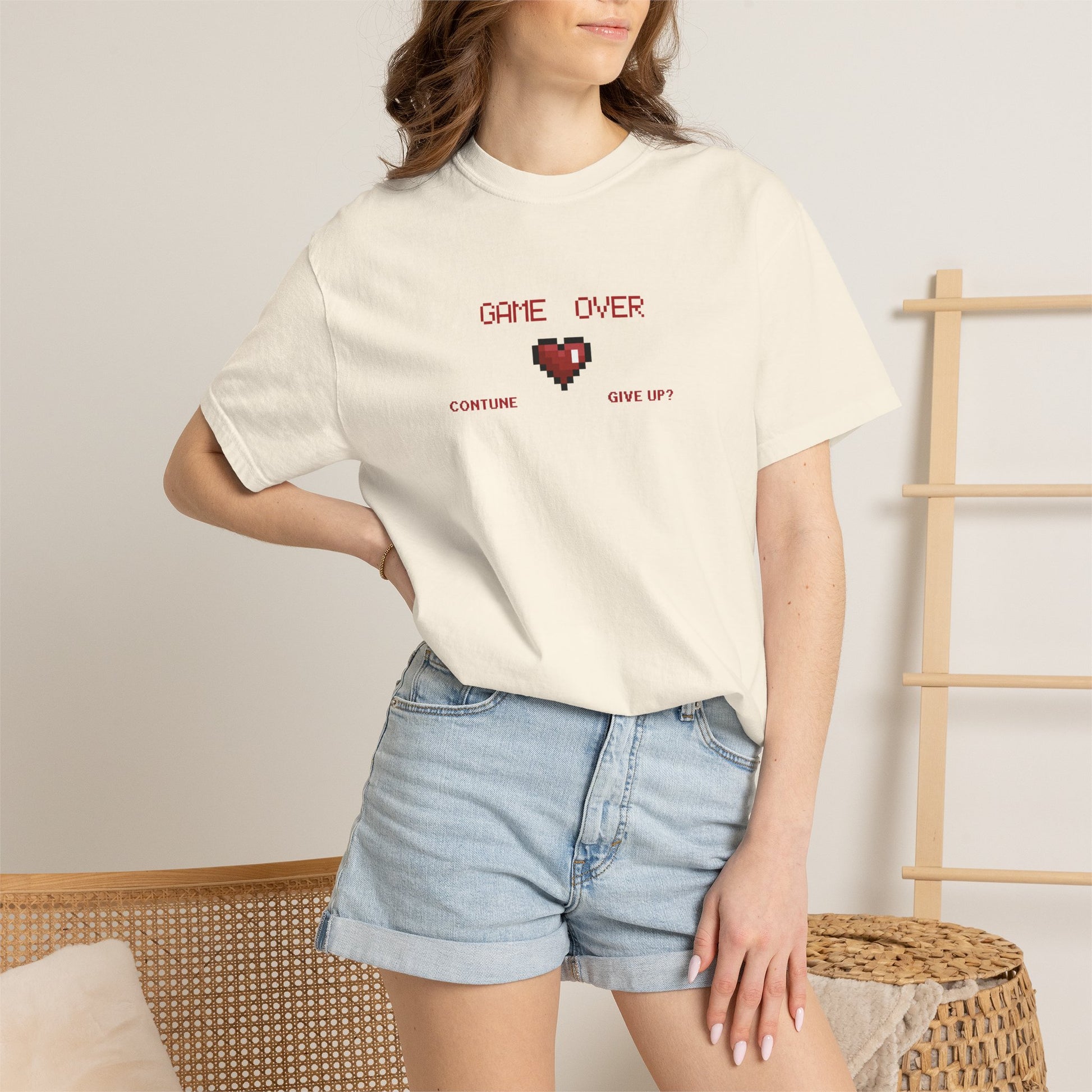 Side profile view of retro gaming graphic tee with relaxed unisex fit on male model
