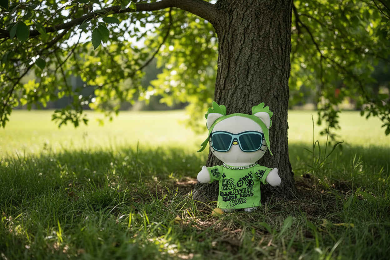 Side view of Billie Eilish Hello Kitty plush showing leafy bangs.