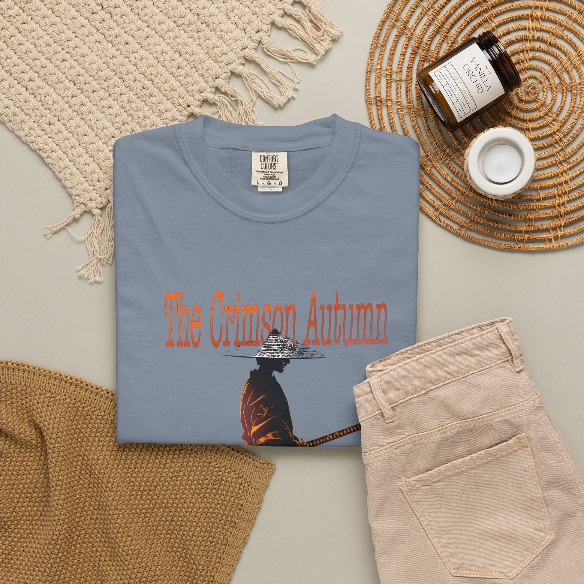 Side view of Crimson Autumn Samurai Tee showing relaxed fit double needle stitching and no side seam tubular knit body on heavyweight cotton