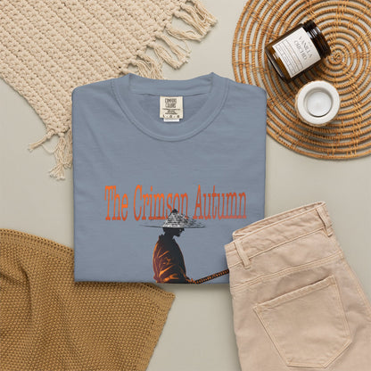 Side view of Crimson Autumn Samurai Tee showing relaxed fit double needle stitching and no side seam tubular knit body on heavyweight cotton
