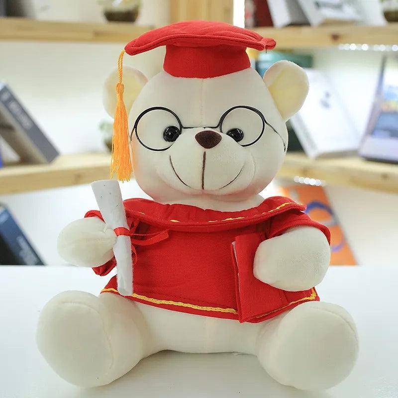 Side view of pink graduate bear plush showing cotton material and PP cotton filling detail
