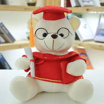 Side view of pink graduate bear plush showing cotton material and PP cotton filling detail
