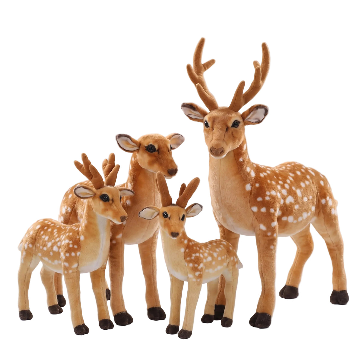 Sika deer plush stuffed animal in three sizes 30cm 60cm and 90cm displayed side by side