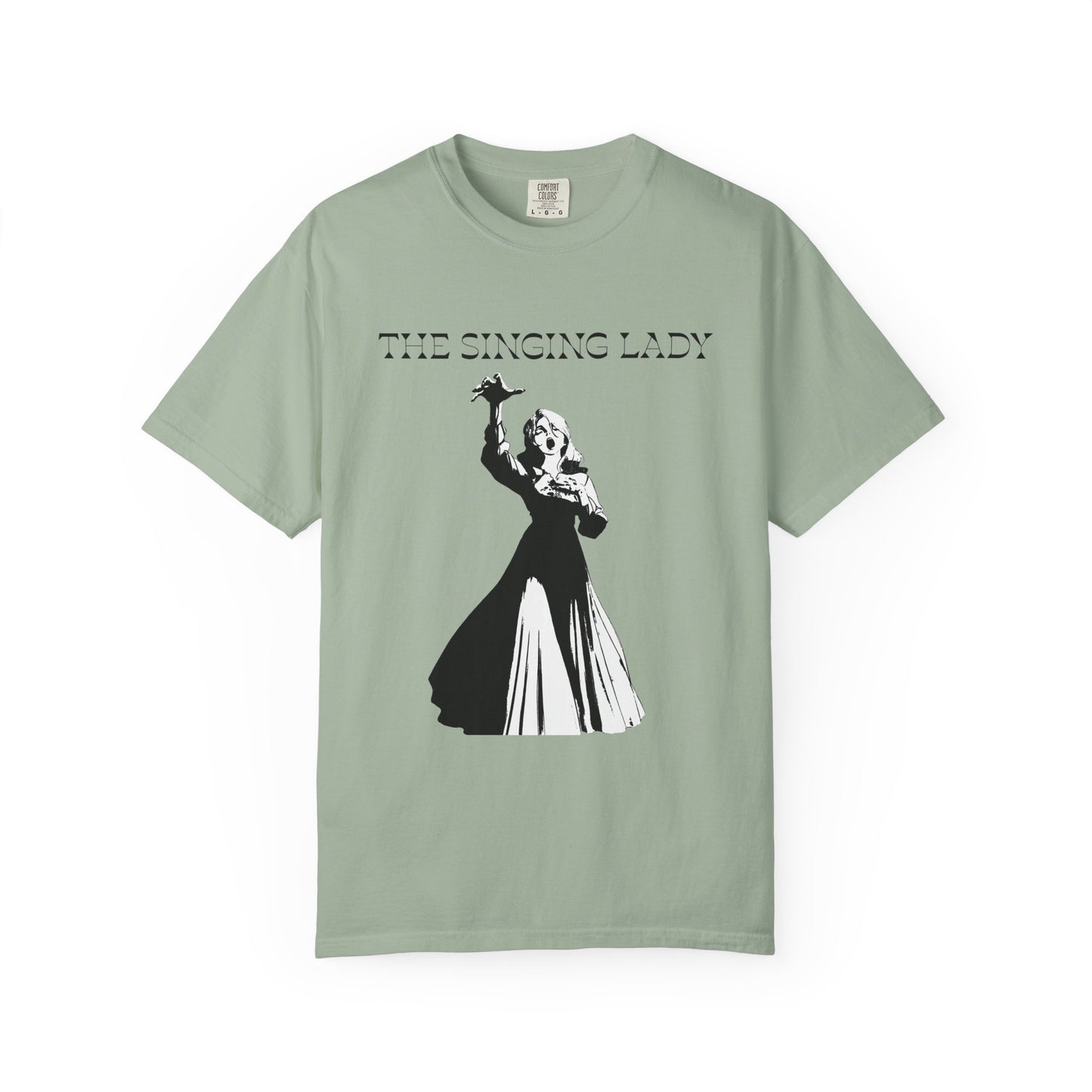 Singing lady tee gothic graphic in stark white ink on black fabric
