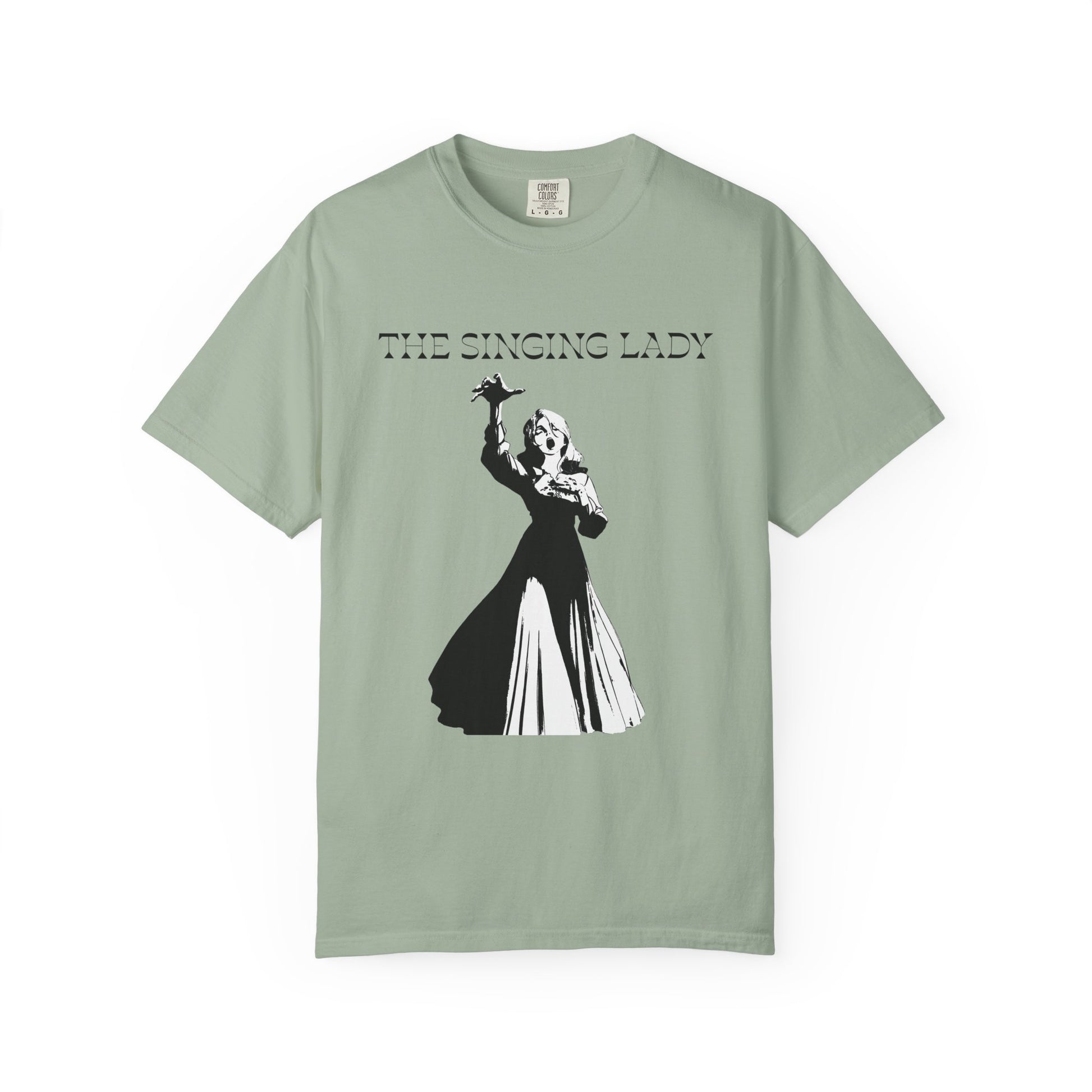 Singing lady tee gothic graphic in stark white ink on black fabric
