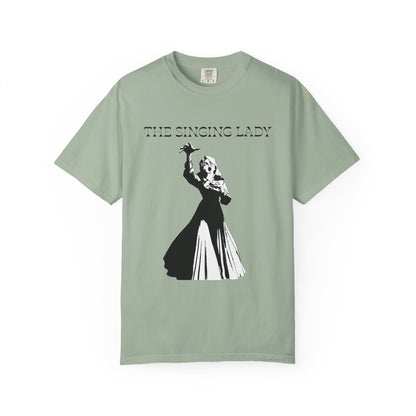 Singing lady tee gothic graphic in stark white ink on black fabric
