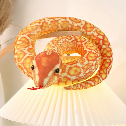 Six color variants giant realistic snake plush black white green silver brown orange side by side