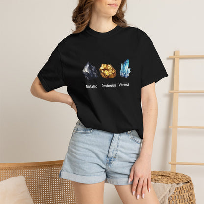 Size chart for crystal types mineral graphic tee sizes small through 3XL
