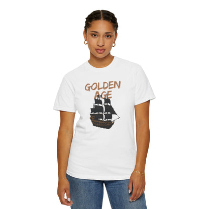 Size chart for golden age tees unisex Comfort Colors 1717 pirate ship design, sizes S to 3XL
