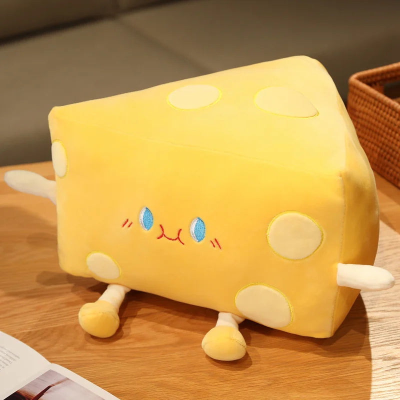 Size comparison of 50cm extra large squishy cheese plush next to 20cm small cheese plush