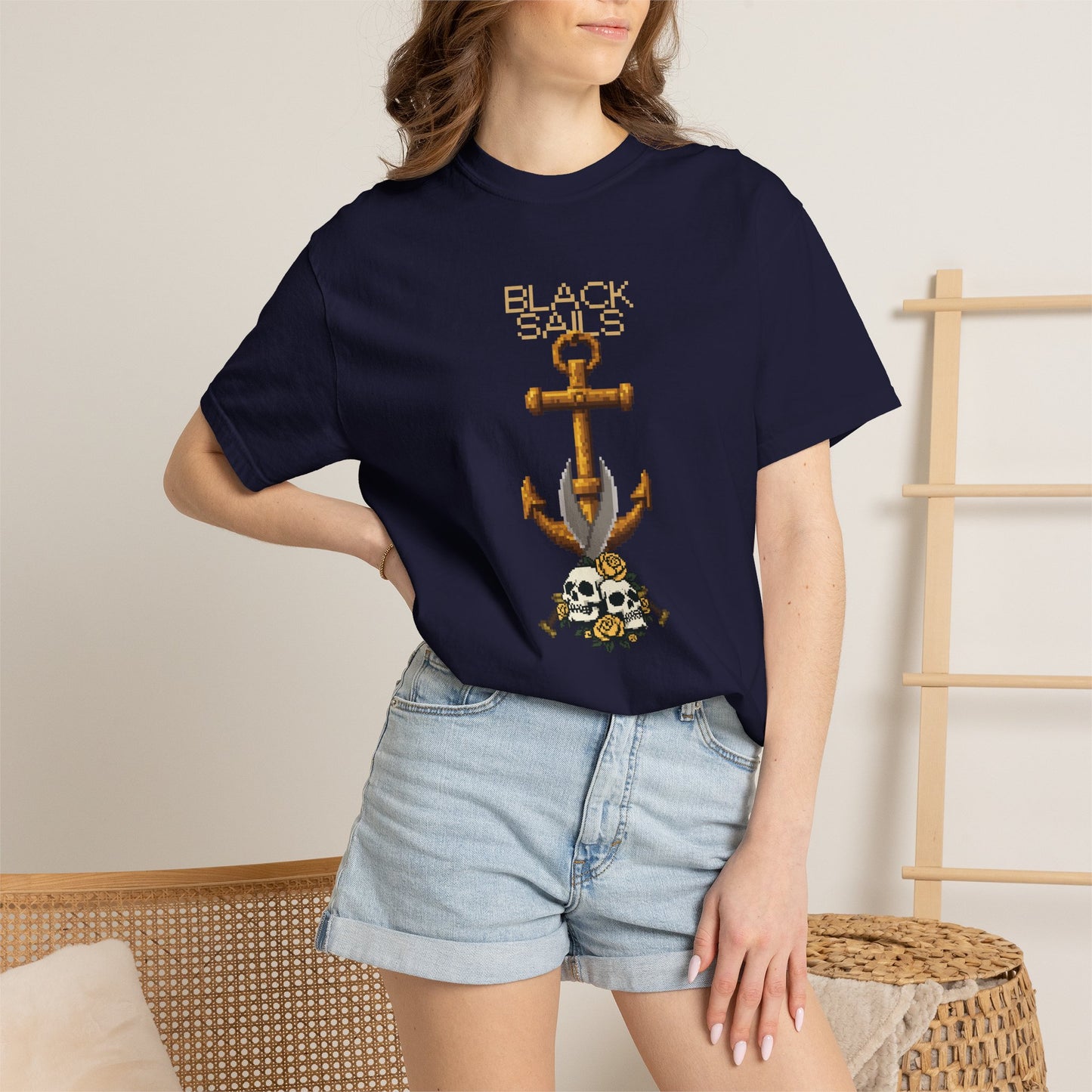 Skull and anchor unisex tee detail shot showing pre-shrunk ring-spun cotton texture
