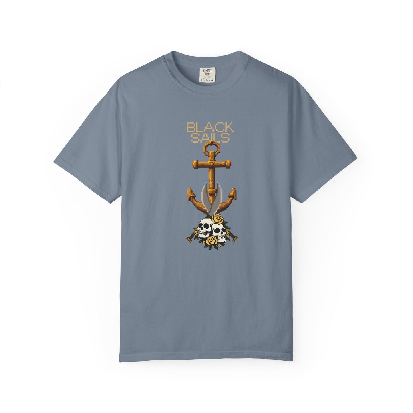 Skull art streetwear graphic tee with 8-bit arcade aesthetic and nautical motif
