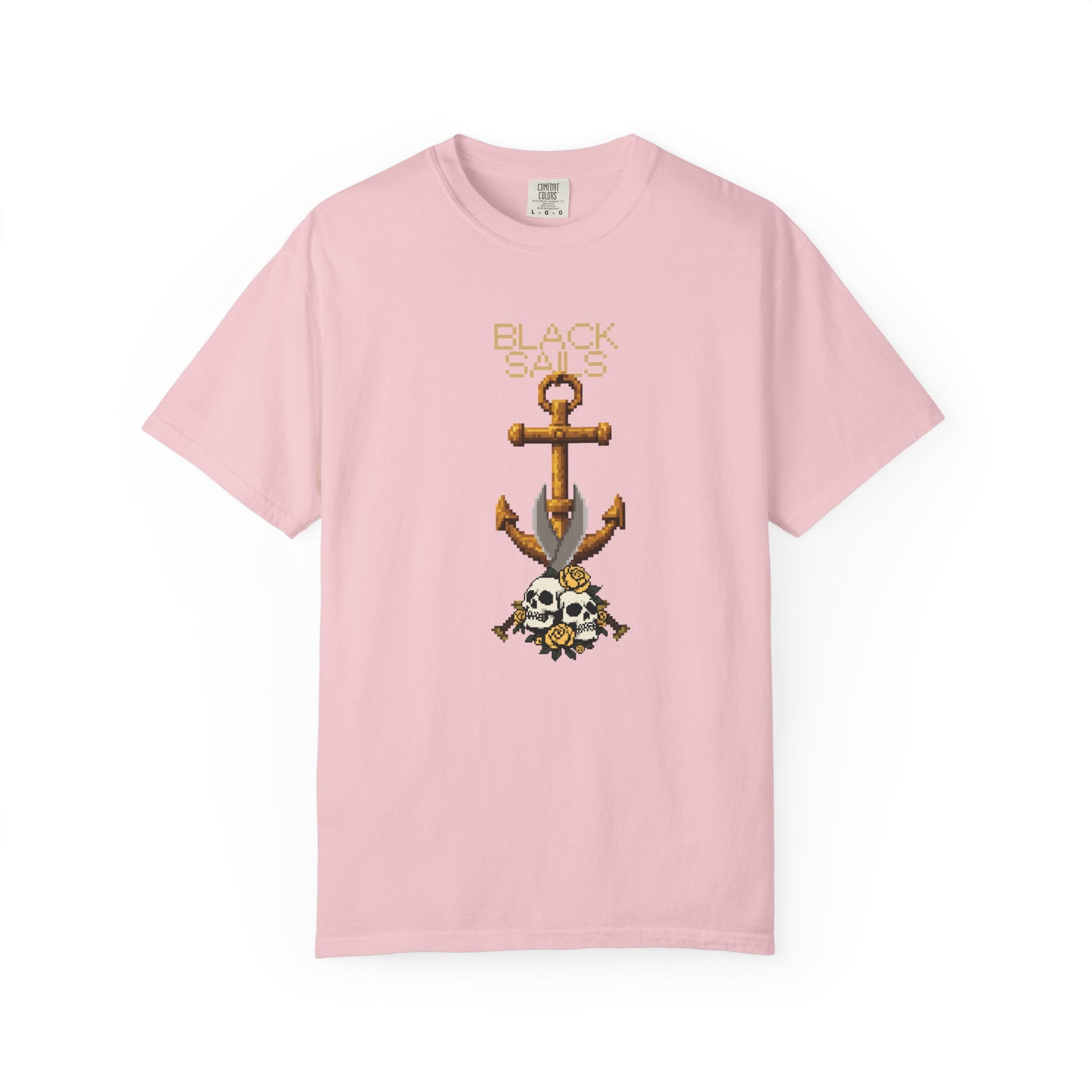 Skull printed unisex tee folded flat showing full pixel anchor graphic in natural light
