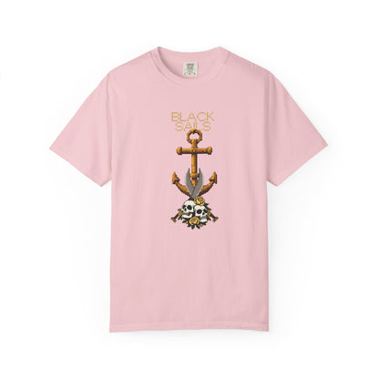 Skull printed unisex tee folded flat showing full pixel anchor graphic in natural light
