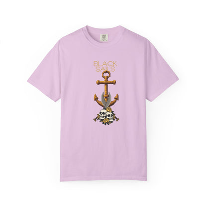 Skull printed unisex tee lifestyle photo worn with dark denim and boots

