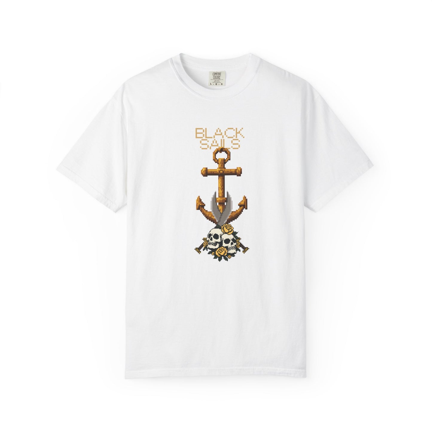 Skull printed unisex tee with pixel art anchor and yellow roses graphic
