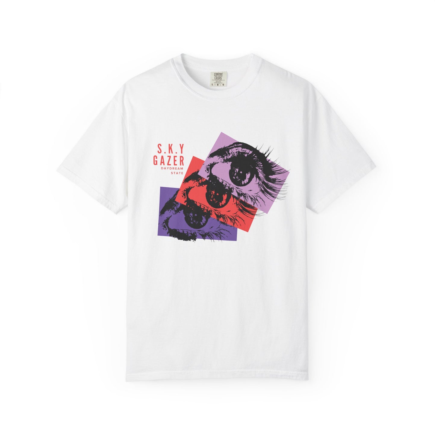 Sky gazer graphic tee with layered pop art eye design on washed purple garment dyed cotton