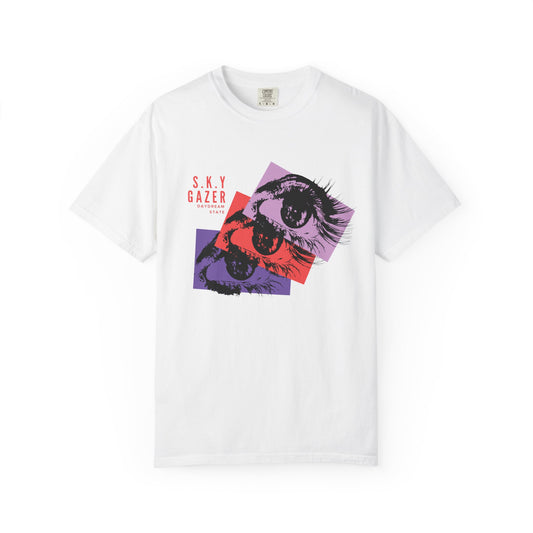 Sky gazer graphic tee with layered pop art eye design on washed purple garment dyed cotton