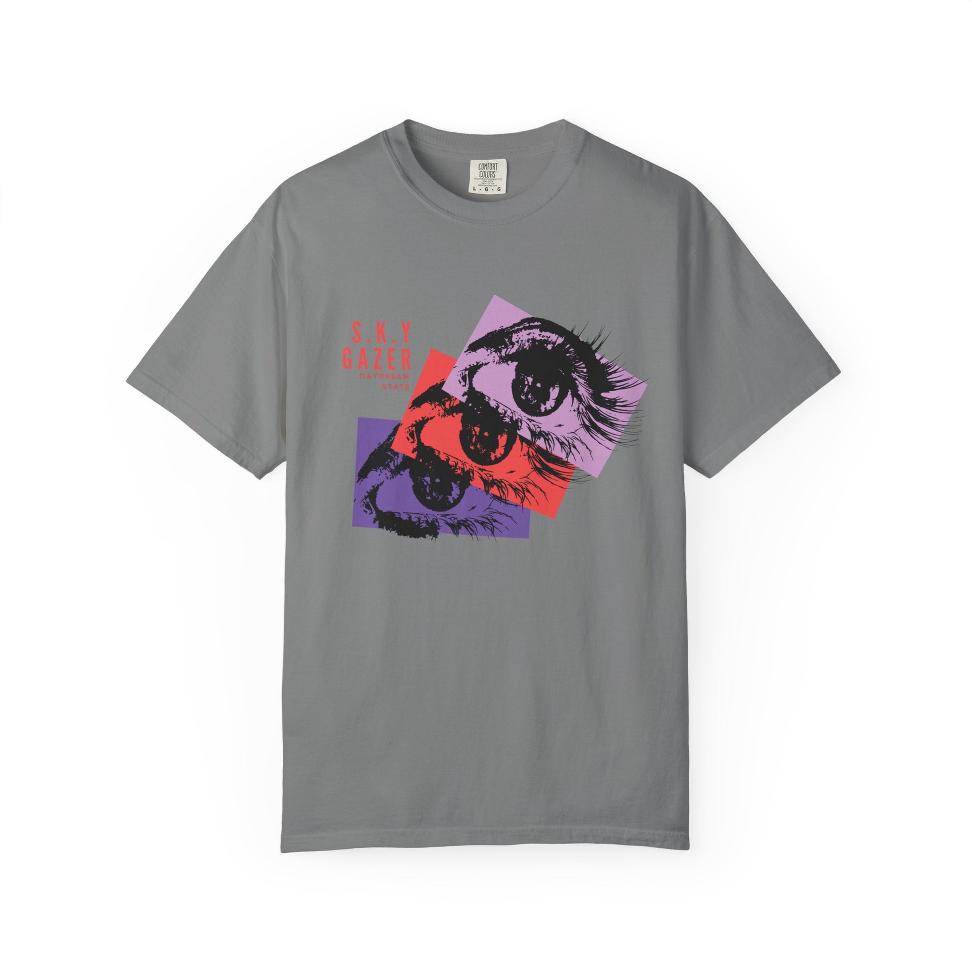 Sky gazer unisex tee flat lay on dark background showing relaxed silhouette
