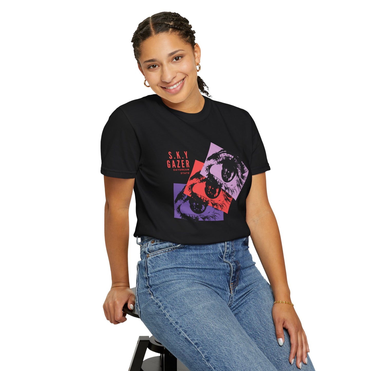 Sky gazer unisex tee size tag detail showing S to 3XL sizing information