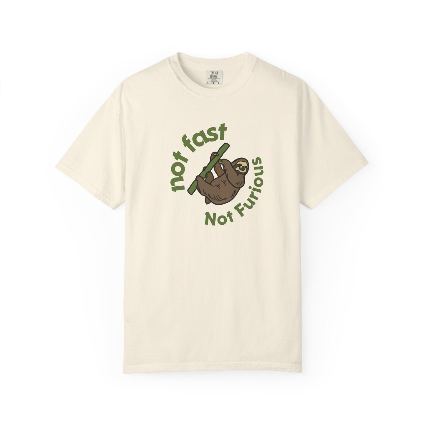 Sloth graphic tee featuring sloth hanging from branch with humorous slow life message