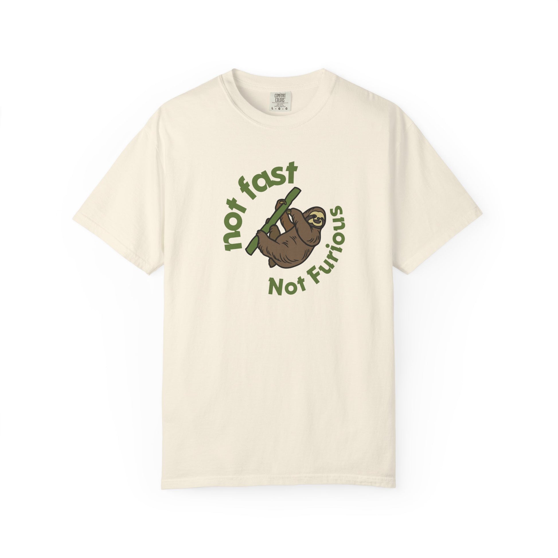 Sloth graphic tee featuring sloth hanging from branch with humorous slow life message