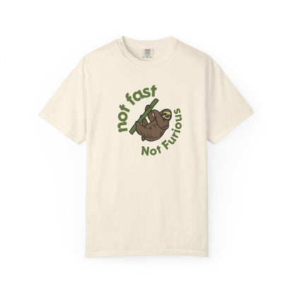 Sloth graphic tee featuring sloth hanging from branch with humorous slow life message