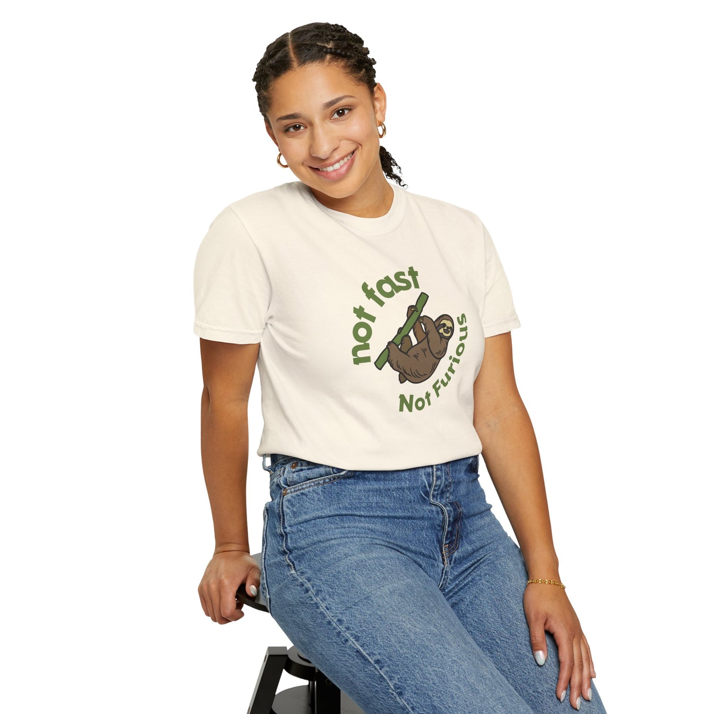 Sloth graphic tee size comparison flat lay S through 3XL