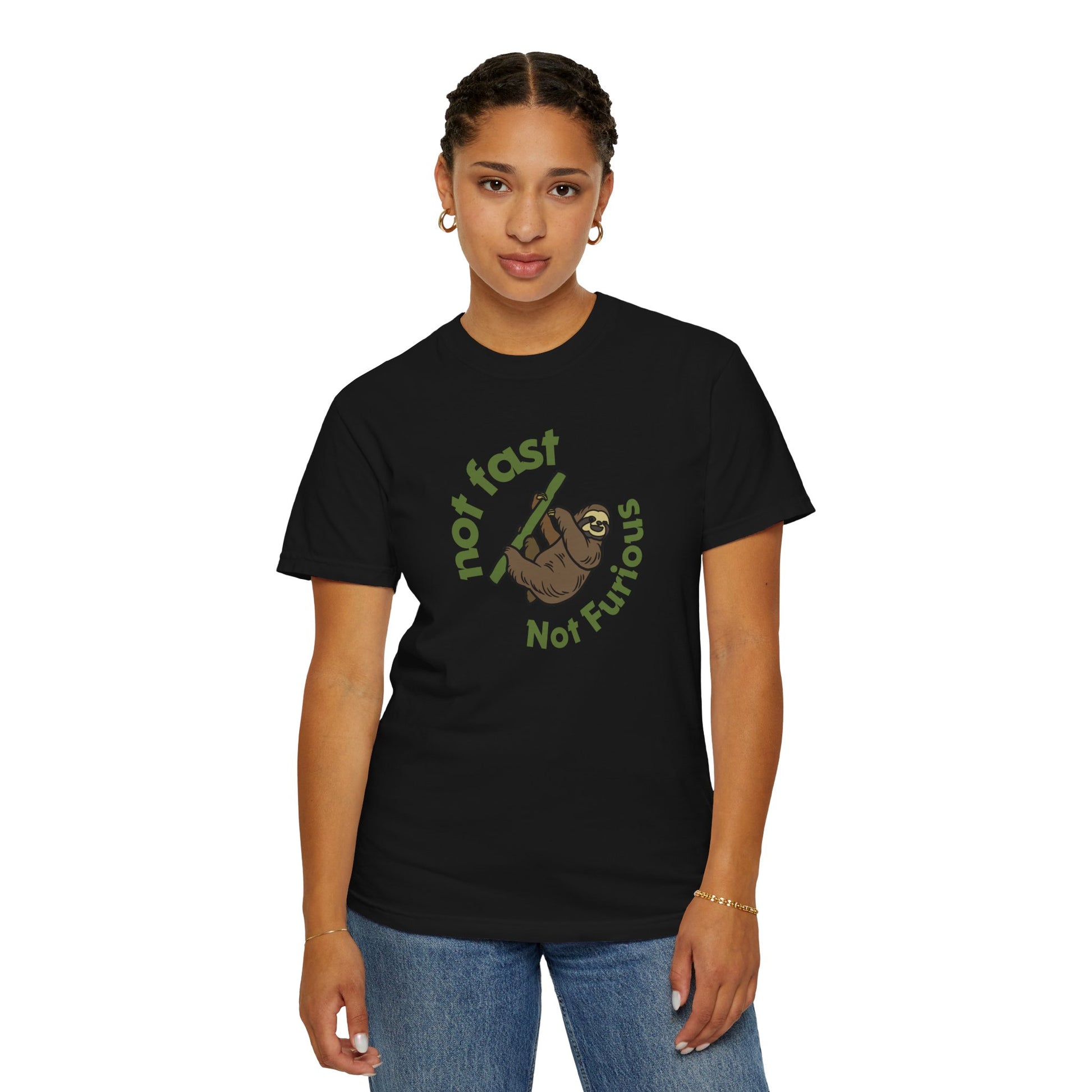 Sloth lover gift idea flat lay with funny sloth graphic tee and cozy accessories
