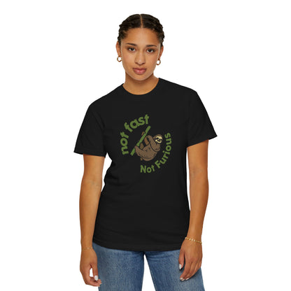 Sloth lover gift idea flat lay with funny sloth graphic tee and cozy accessories
