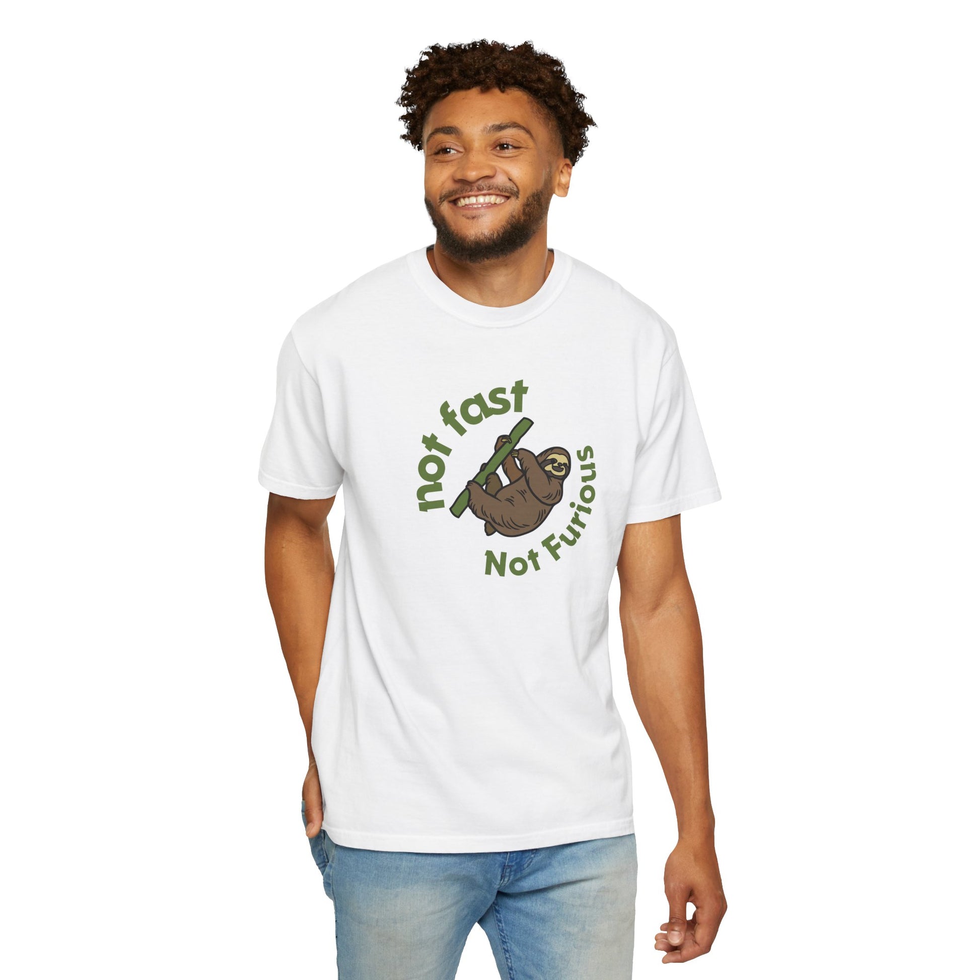 Slow life t-shirt with adorable sloth illustration and circular typography