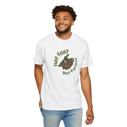Slow life t-shirt with adorable sloth illustration and circular typography