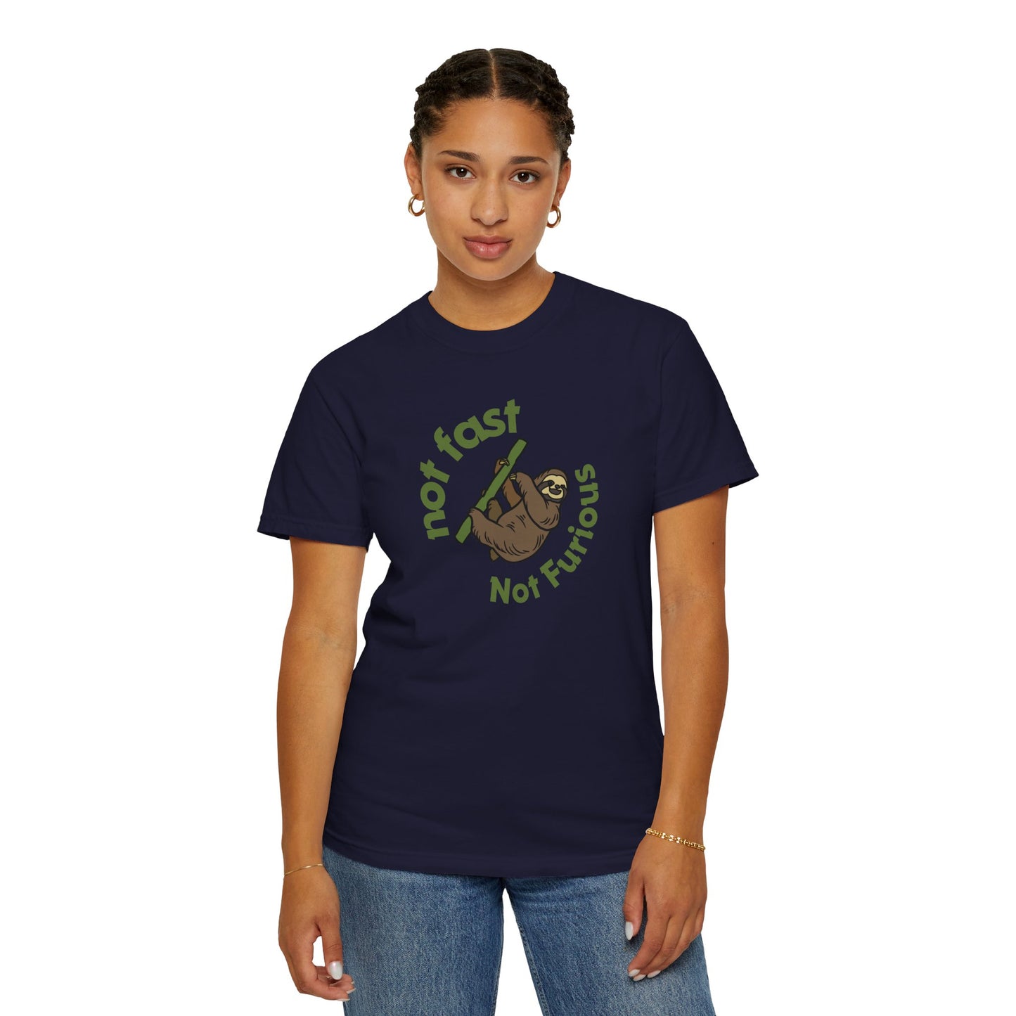 Slow living enthusiast wearing funny sloth t-shirt in natural setting