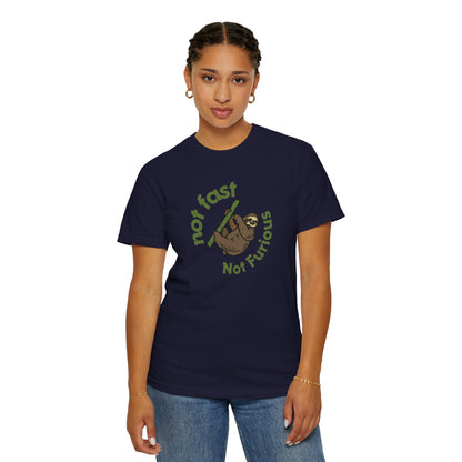 Slow living enthusiast wearing funny sloth t-shirt in natural setting
