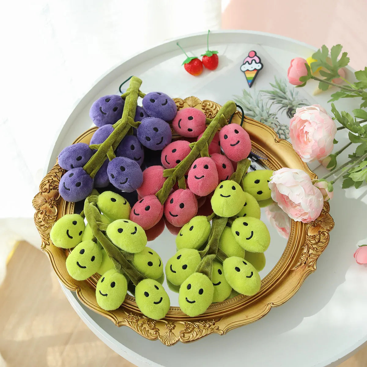 Small black smiling grape cluster plush 20cm, quirky aesthetic stuffed toy for desk