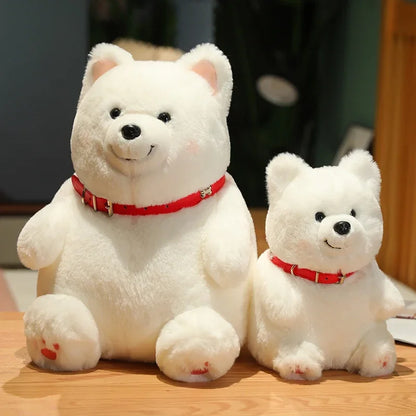 Smiling dog plush Samoyed face expression detail zoom
