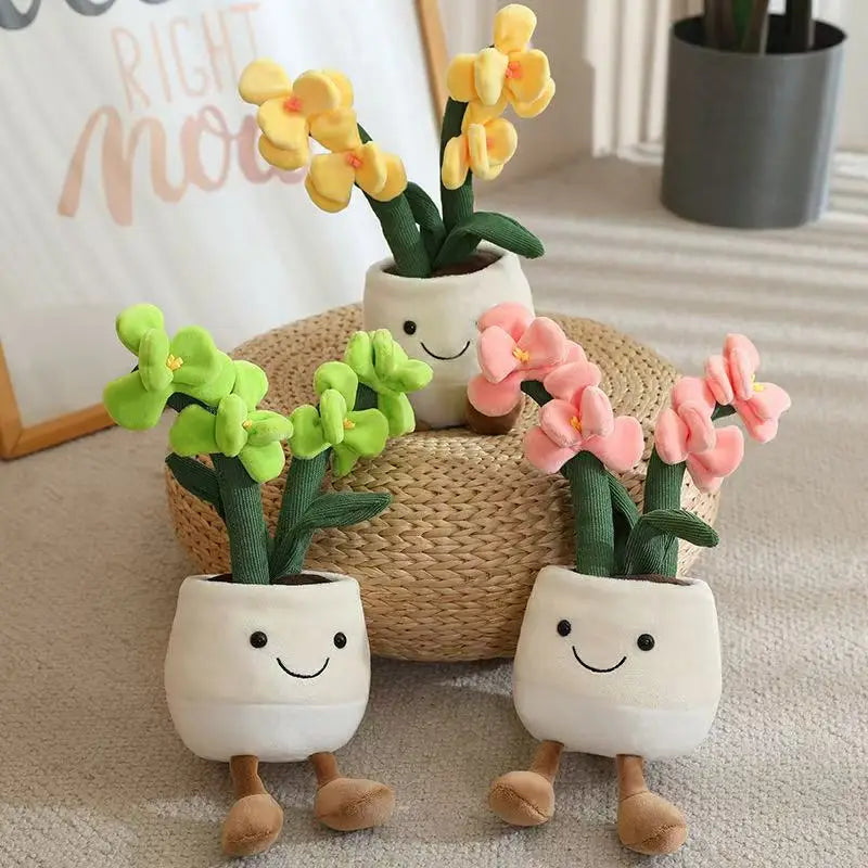 Smiling potted orchid plushie side profile handmade
