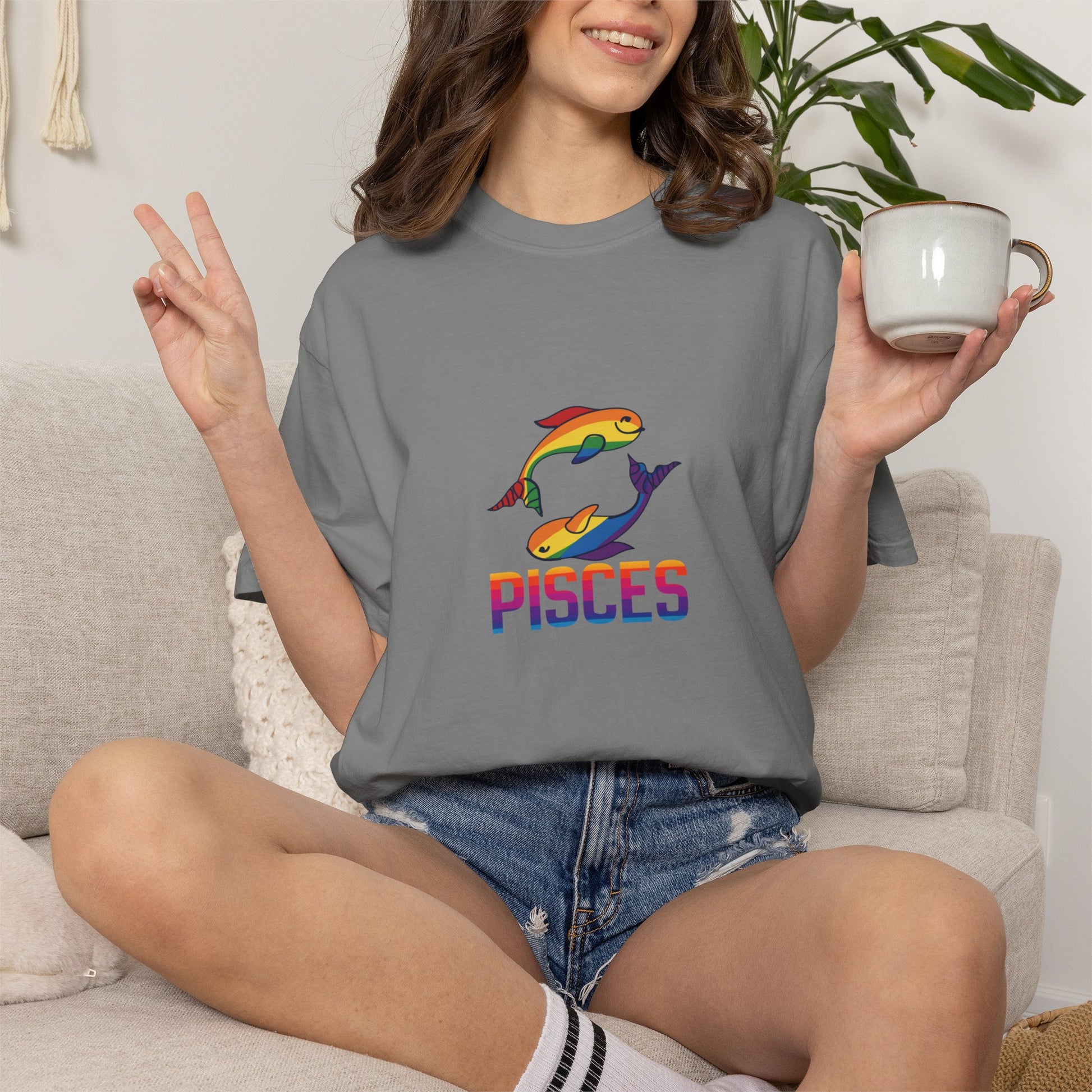Soft-washed garment-dyed crewneck t-shirt with Pisces astrological motif.
