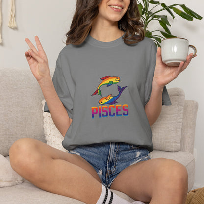 Soft-washed garment-dyed crewneck t-shirt with Pisces astrological motif.
