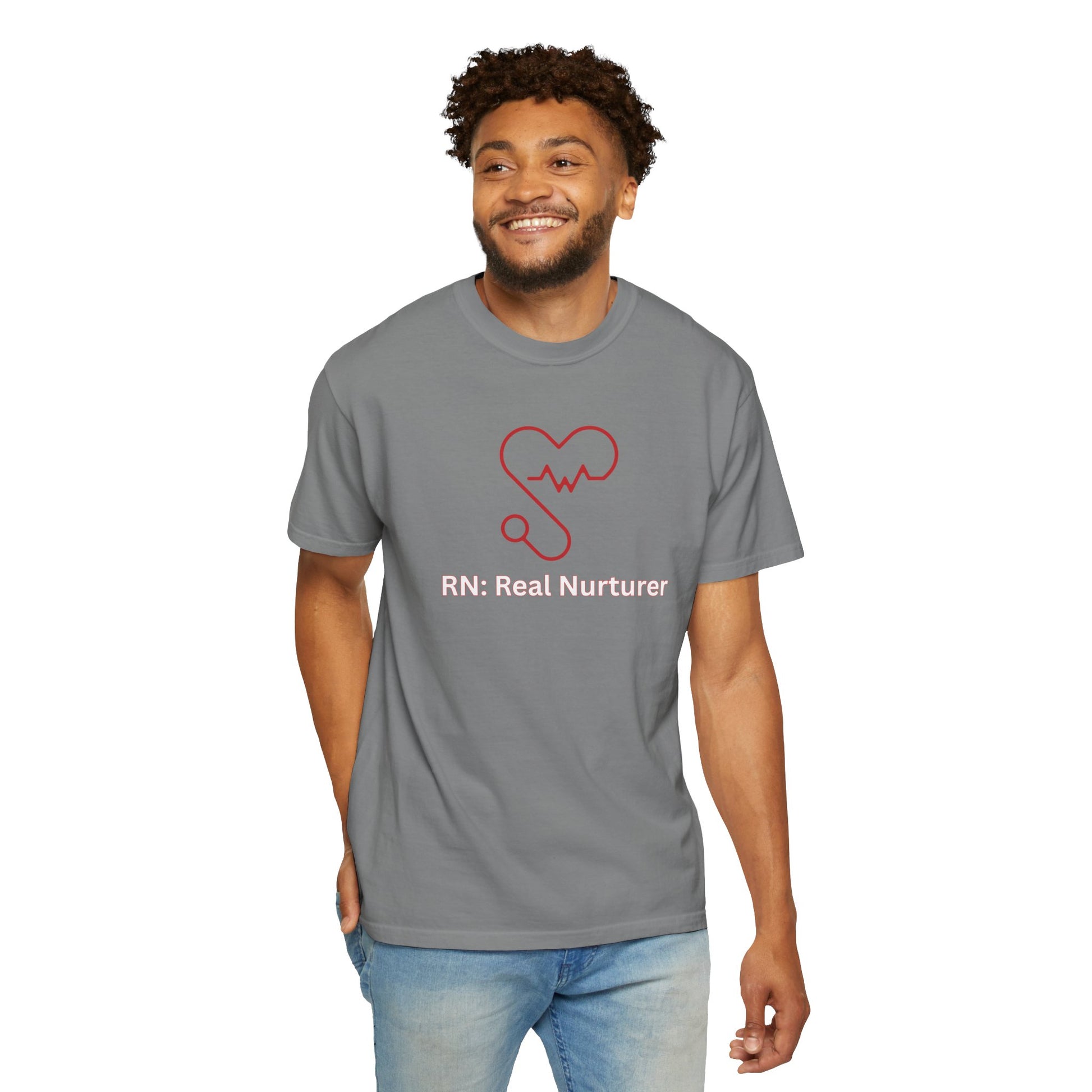 Soft charcoal nursing shirt with stethoscope illustration and caring slogan