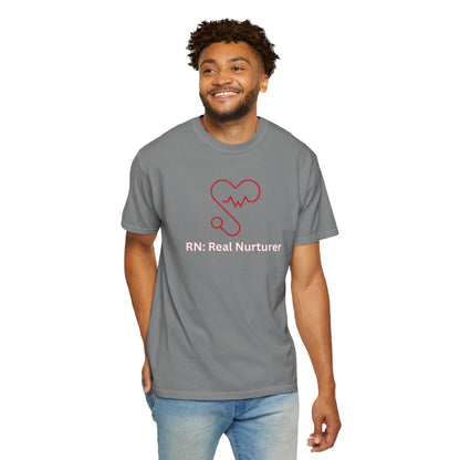 Soft charcoal nursing shirt with stethoscope illustration and caring slogan
