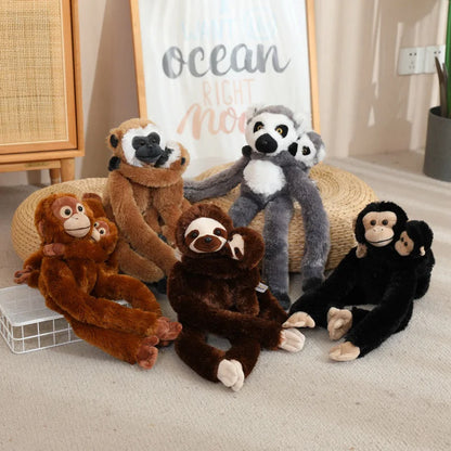 Soft chimpanzee plushie hanging from curtain rod, handmade stuffed animal 50cm