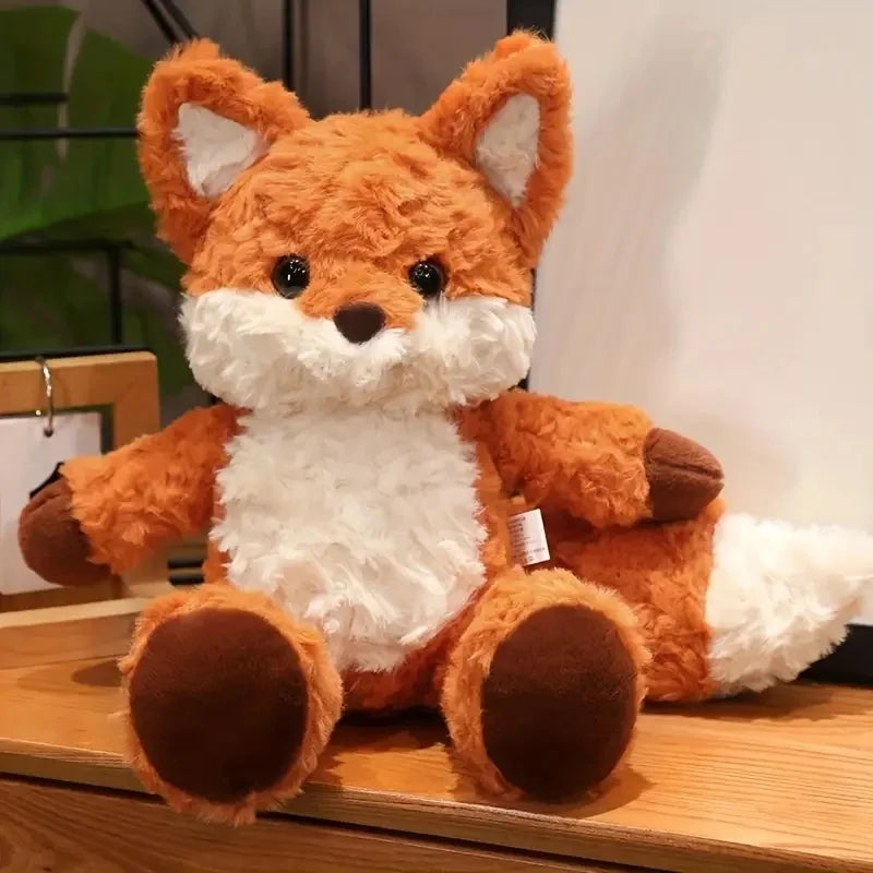 Soft cotton red fox plushie standing upright, front view