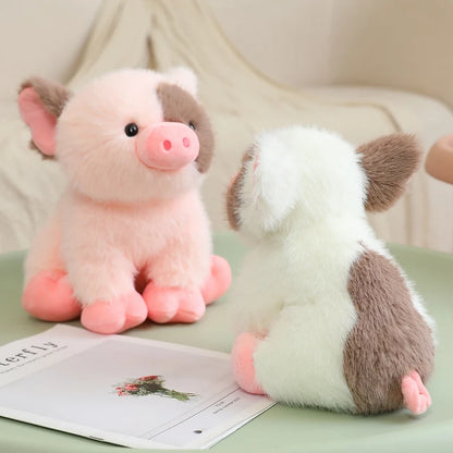 Soft fluffy pig stuffed animal in cream colorway displayed on shelf, cottagecore room decor plush