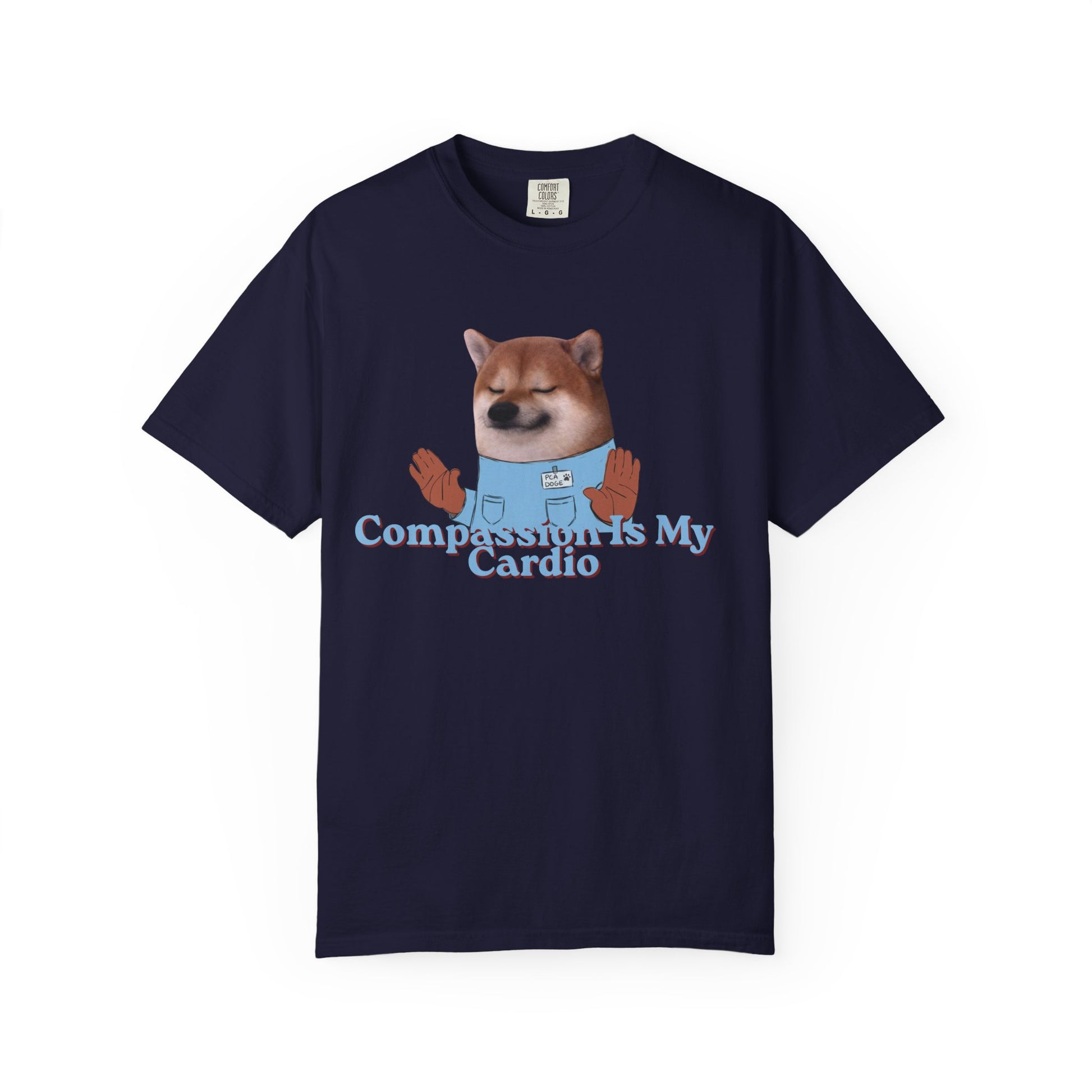 Soft garment-dyed shirt with playful dog print and kindness quote