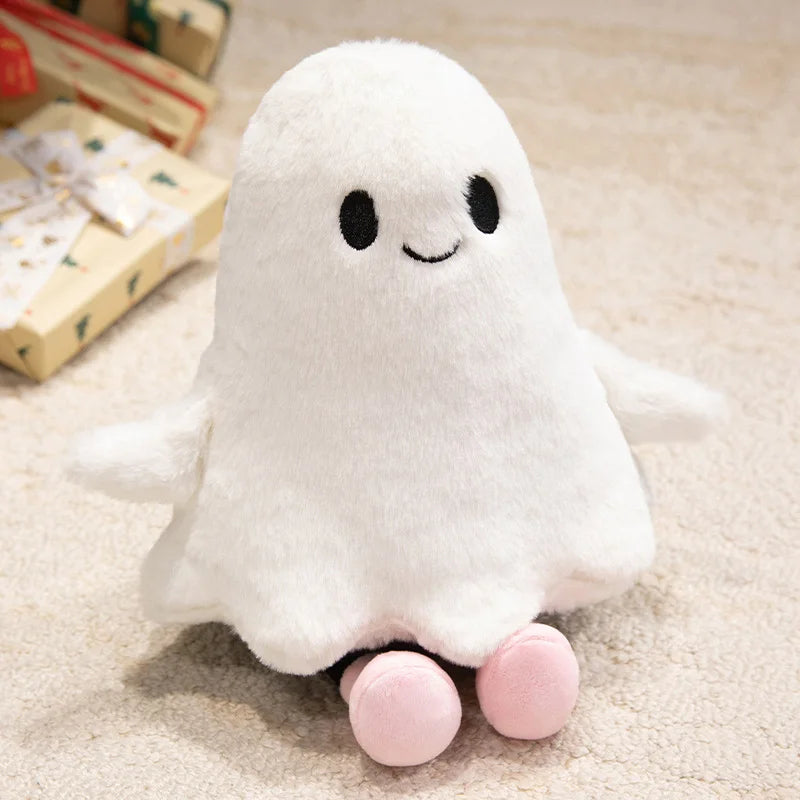 Soft ghost plushie with friendly smile, white short plush fabric, front view